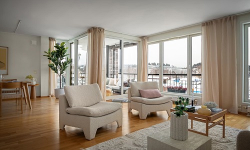 bright, stylish modern apartment living room with large windows - modern apt